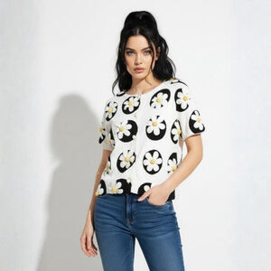 Michael Simon Vintage 1999 
White Black Daisy Cardigan - Medium